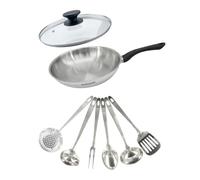 Juego de sartén de 28 cm de acero inoxidable, con tapa de vidrio y 6 utensilios de acero inoxidable de la marca Fackelmann Geneva