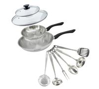 Fackelmann 9445750 - Juego de 2 sartenes (20 y 28 cm, acero inoxidable, 18/8, 2 tapas de cristal y 6 utensilios de acero inoxidable, estufa de inducción, sartén sin PFAS, acero inoxidable 18/8, vidrio