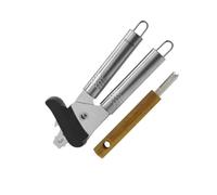 Fackelmann 9943650 Duo - Abrelatas, abridor de latas, portalatas, portalengüetas, acero inoxidable, plástico, madera, acero inoxidable, plata, negro, marrón, 20,5 x 5,5 x 4,5 cm