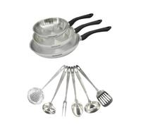 Fackelmann Juego de 3 sartenes de acero inoxidable y 6 utensilios Ginebra