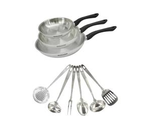Fackelmann Juego de 3 sartenes de acero inoxidable y 6 utensilios Ginebra
