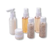 Fackelmann Juego de botellas de viaje de 7 piezas - Botellas de viaje y latas para rellenar crema, gel y loción, estuche transparente