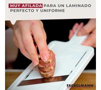Fackelmann Mandolina de Cocina Profesional, Cortador de Verduras y Patatas con Grosor Ajustable 1-6 mm, con Protector de Dedos, Cuchilla muy afilada de Acero Inoxidable, Color Blanco, 32x12 cm, 1 ud
