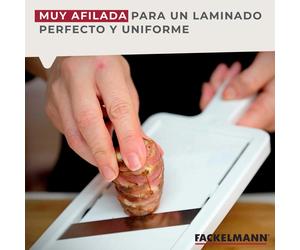 Fackelmann Mandolina de Cocina Profesional, Cortador de Verduras y Patatas con Grosor Ajustable 1-6 mm, con Protector de Dedos, Cuchilla muy afilada de Acero Inoxidable, Color Blanco, 32x12 cm, 1 ud