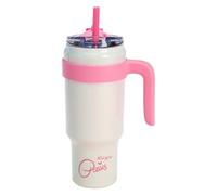 Fackelmann Paris Hilton Botella de agua de acero inoxidable rosa con mango de plástico y pajita - 1,1 l, doble pared aislada, mango extraíble