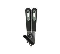 Fackelmann PRO - Abrelatas de acero inoxidable, mango cómodo al tacto, seguro para alimentos, manual de mano, multifuncional con abridor de tapas de botellas, cuchillas de corte afiladas, negro, gris