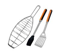 Fackelmann Set Accesorios Barbacoa, incluye Besuguera de Acero Inoxidable, Espátula y Pincel para Untar, Mango de Tacto Suave, Protección frente al Calor