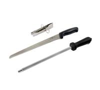 Fackelmann Set Cuchillo Jamonero Nirosta 23/34 cm, Chaira para Afilar Cuchillos y Pinza para Jamón 11 cm Acero Inoxidable, Juego para Cortar Jamón en Finas Lonchas y Servir en el Plato