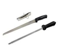 Fackelmann Set Cuchillo Jamonero Nirosta 23/34 cm, Chaira para Afilar Cuchillos y Pinza para Jamón 11 cm Acero Inoxidable, Juego para Cortar Jamón en Finas Lonchas y Servir en el Plato