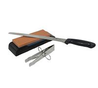 Fackelmann Set Cuchillo Jamonero Nirosta Elegant 23/34 cm Acero Inoxidable para Cortar Jamón en Finas Lonchas, y Piedra para Afilar Cuchillos Nirosta de 14x5 cm y Pinza para Jamón 11 cm Acero Inox.