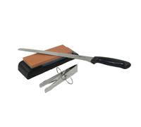 Fackelmann Set Cuchillo Jamonero Nirosta Elegant 23/34 cm Acero Inoxidable para Cortar Jamón en Finas Lonchas, y Piedra para Afilar Cuchillos Nirosta de 14x5 cm y Pinza para Jamón 11 cm Acero Inox.