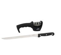 Fackelmann Set Cuchillo Jamonero Nirosta Mega 24/36 cm y Afilador de Cuchillos Nirosta 3 Pasos, mantiene los cuchillos siempre afilados para cortar lonchas finas de jamón