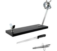 Fackelmann Set Jamonero Giratorio XXL Negro, Madera de Pino Resistente 48x30x17 cm, Base Estable para Jamones Grandes, incluye Cuchillo Jamonero 34/34 cm y Pinzas para Jamón Acero Inoxidable 11 cm
