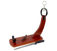 Fackelmann Set Soporte Jamonero con Cuchillo y Pinza para Servir, Elegante Diseño Tipo Góndola, Madera de Pino y Color Caramelo, Herrajes de Acero, 38x36x16 cm, Cuchillo de Acero Inoxidable 34 cm