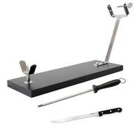 Fackelmann Set Soporte Jamonero XXL Negro, Madera de Pino, Especial Jamones Grandes, Incluye Cuchillo Jamonero 34/34 cm y Chaira
