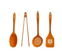 Fackelmann Soft Set de 4 Utensilios de Cocina de Silicona, incluye Espumadera, Pinzas, Espátula Ranurada y Cucharón, Antiadherentes, Resistentes al Calor, Aptos para Lavavajillas, Naranja