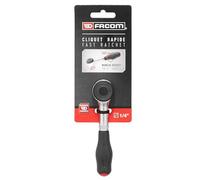 FACOM Trinquete 1/4" con Mango Rotativo, Trabaje 2 Veces Más Rápido, Ángulo de Recuperación 0°, Mecanismo de 60 Dientes, Bloqueo de Vaso, Mango Ergonómico Bi-Material, R.360PB