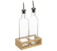 Factory Cuadros - Juego de Botellas de Cristal para Aceite y Vinagre con Soporte de Bambú - Alta Calidad