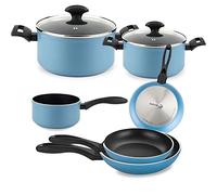 Fagor Maxima Batería Cocina Inducción 8 Piezas Set 2 Cazuelas 20-24 cm, 2 Tapas Cristal, 3 Sartenes 20-24-28 cm, Cazo 16 cm Alumninio Forjado, Antiadherente sin PFOA, Apta Todas Las Cocinas, Azul