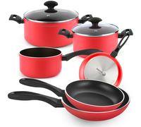 Fagor Maxima - Bateria Cocina Roja 8 Piezas, 2 Cazuelas, 2 Tapas Cristal, 3 Sartenes y un Cazo, Aluminio Forjado, Antiadherente Bicapa, Libre de PFOA