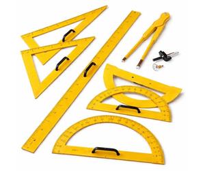 FAIBO Juego de Material Magnético para Pizarra - Regla 100 cm, Semicírculo, Escuadra, Cartabón y Compás - Accesorios Magnéticos de Plástico Amarillo con Empuñadura - 100% Reciclable