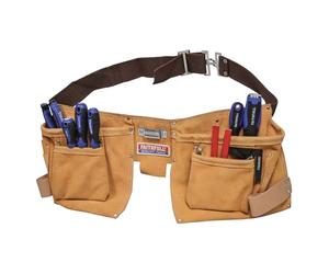 Faithfull Doppel-Werkzeug- und Nageltasche aus Wildleder - Werkzeuggürtel mit 10 Fächern, Hammerschlaufen und verstellbarem Gürtel (Größe: 74-117 cm) - Hellbraun