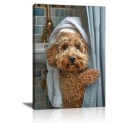 FajerminArt Divertido Baño Marcos Con Modernos Cuadros Decoracion, Goldendoodle En Ducha Cuadro y Láminas Humor Animal Lienzos Decorativos Imágenes Obra De Arte Para Baño Dormitorio 40X60cm