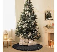 Falda para árbol de Navidad Unyqoos®, diámetro 90 cm, color negro. Fabricada en felpa sintética de doble capa con copos de nieve dorados de lentejuelas, apta para árboles de 1,5–2,1 m. Botones de nylo
