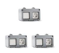 Famatel 19033 Conmutador + Base empotrar | Serie Garden | IP55 | Protección Infantil | Este Enchufe es a Prueba de Agua | Fácil de Instalar Este Producto | Aluminio | Gris, Paquete de 3