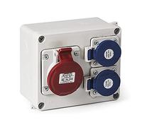 FAMATEL - Caja estanca IP44 | 2 tomas 2P+TTL con 16A y 250V | 1 toma 3P+T con 16A y 380V | Rojo y azul