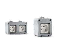 FAMATEL - Doble base | Enchufe de empotrar + Base | Enchufe de empotrar | Serie Garden | IP55 | Protección Infantil | A prueba de agua | Fácil de instalar este producto | Gris