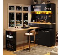 FammyLoft Armario de cocina con encimera plegable, armario buffet con iluminación LED, armario alto con puertas de cristal y estantes ajustables, armario de cocina, armario de comedor, vitrina