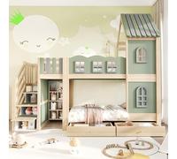 FammyLoft Cama alta para niños con escalera de almacenamiento, 90 x 200 + 90 x 200 cm, litera con ventanas, litera con estantes y cajones para 2 niños, litera, cama juvenil, cama alta para niños, sin