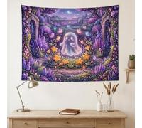 Fanciful Ghost Garden Fantasy - Tapiz de Halloween de 48 x 36 pulgadas | Escena de jardín fantástica, tapiz para colgar en la pared, ilustración de fantasía, arte de pared rústico