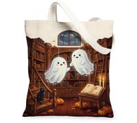Fanciful Ghost Library Theme - Bolsa de lona para Halloween, 33 x 38 cm | Escena de biblioteca fantástica, detalles de gato, calabazas de otoño, fantasmas juguetones, decoración interior acogedora