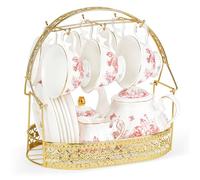 fanquare 21 Piezas de Servicio de Té de Porcelana Vintage, Juego de Té de Tarde con Hojas Rojas, Juego de Café de Cerámica con Cucharas de Soporte para Mujeres de Boda