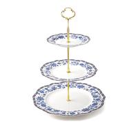 fanquare Bandejas para Pasteles Florales de Porcelana de 3 Pisos Bandejas para tartas Vintage Azul,Bandeja de Postre con Puntales de Metal Clásico Patrón para Fiesta Cumpleaños y Boda