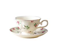 fanquare Juego de Taza de Café y Plato de Porcelana con Borde Dorado 180ml,Taza de Té Vintage con Estampado de Rosas Rosas para Capuchino Latte Té de la Tarde y Desayuno