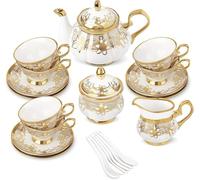 fanquare Juego de Té de Porcelana de 21 Piezas con Crema de Azúcar, Taza y Platillos para 6, Juego de Café Floral Real con Borde Dorado para Regalo de Cumpleaños y Aniversario de Boda