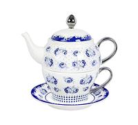 fanquare Juego de Té de Porcelana para Una Persona, Tetera de Rosas Azules y Lunares, El Mjor Regalo para Cumpleaños o Boda.
