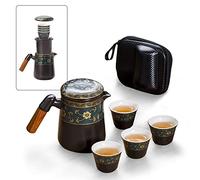 fanquare Juego de Té de Viaje de Porcelana Japonesa, Juego de Té Kung Fu Hecho a Mano para Adultos, Tetera Negra y 4 Tazas con Estampado Floral Dorado