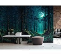 Fantasía Bosque Foto Pintado 3x2.1m Dormitorio Noche Árboles Luna Profundo Aqua