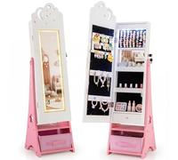 FANTASK Armario para joyas para niños, armario con espejo con iluminación LED y espejo de cuerpo entero, organizador de joyas inclinable con espejo interior y cajones, para habitación de los niños