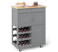 FANTASK Carrito de Cocina con Ruedas, Armario de Cocina de Madera con cajones, Estante de Vino de 3 Niveles y encimera, Carrito de Servir, Carrito Auxiliar (Gris)