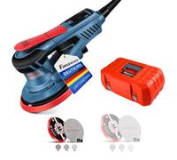 FANZWORK Lijadora excéntrica HG0024, 350W, 5 mm órbita, platos 125/150 mm, 7 velocidades hasta 10,000 RPM, freno de plato, 18 mallas de lijado, con maletín