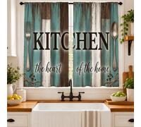 Farmhouse Heart of The Home - Cortinas de cocina con diseño de tablones de | Cubiertos vintage, tipografía rústica, estilo granja, ventana de fregadero de cocina, ambiente cálido para el hogar