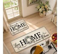 Farmhouse Wreath Home - Juego de 2 alfombras de cocina | Alfombra para fregadero de cocina, diseño de algodón y lavanda, patrón de madera rústica, cita de bienvenida para el hogar