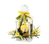 Farol Decorativo Blanco de 23 cm con Vela LED alimentada por Pilas, Farol de Primavera con Mimosas y Flores, decoración de Mesa para salón, balcón, Ventana, decoración de otoño, Flores Artificiales
