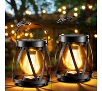Faroles colgantes solares impermeables con llama parpadeante para exteriores, faroles decorativos de Navidad para patio, terraza, patio, paquete de 2 (bombilla de filamento de tungsteno)