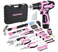 FASTPRO Juego de herramientas rosas de 160 piezas con taladro inalámbrico de iones de litio de 12 V, kit de herramientas de reparación del hogar para mujer con taladro en estuche de almacenamiento,
